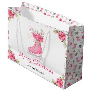 Floral Ice Skate Pink Merry Christmas Large Gift Bag