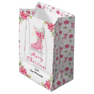 Floral Ice Skate Pink Merry Christmas Medium Gift Bag