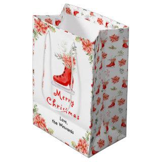Floral Ice Skate Red Merry Christmas Medium Gift Bag