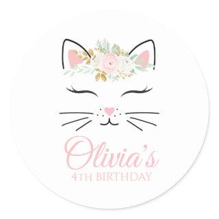 Floral Kitten Birthday Party Stickers kitty face