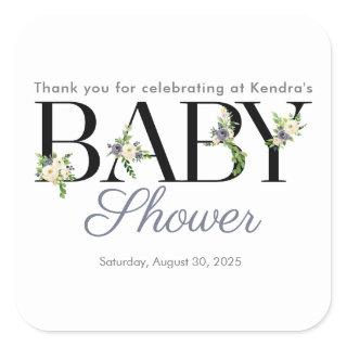 Floral Letters Blue & Cream Neutral Baby Shower Square Sticker