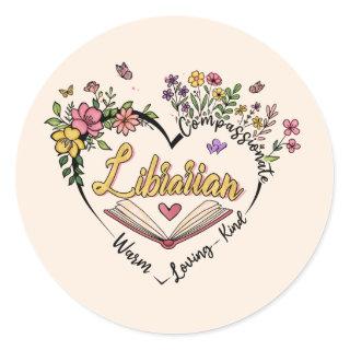 Floral Librarian Heart Classic Round Sticker