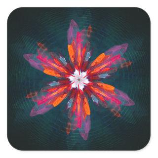 Floral Mandala Flowers Orange Red Blue Abstract Square Sticker