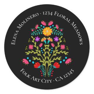 Floral Mexican Fiesta Flowers Black Address Classic Round Sticker