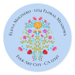 Floral Mexican Fiesta Flowers Light Blue Address Classic Round Sticker