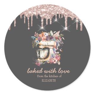Floral Mixer Rose Gold Drips Bakery   Classic Round Sticker