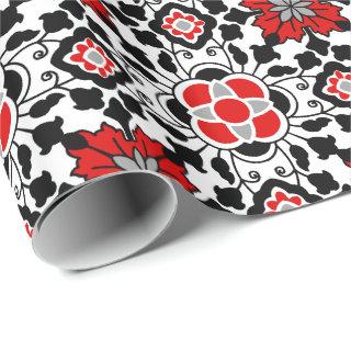 Floral Moroccan Tile, Deep Red, Black  and White