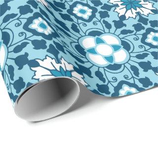 Floral Moroccan Tile, Indigo, Sky Blue and White