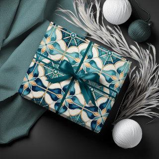 Floral Moroccan Tile Pattern#1 Teal White ID1078