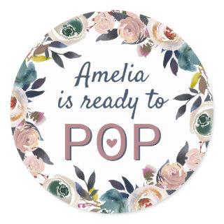 Floral Navy Dusty Pink Baby Shower Ready to Pop Classic Round Sticker
