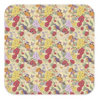 Floral Pattern Hydrangea Lilac Bluebell Birds  Square Sticker