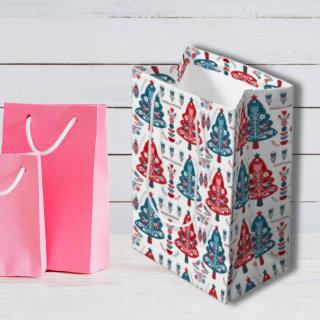 Floral Red and Blue Scandinavian Christmas Tree  Medium Gift Bag