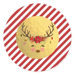 Floral Reindeer Christmas Red Stripes Gold Foil Classic Round Sticker