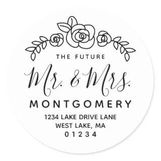 Floral Rose Future Mr & Mrs Silver Return Address Classic Round Sticker