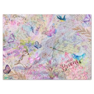 Floral Rose Gold Decoupage Birds Butterfly Script Tissue Paper