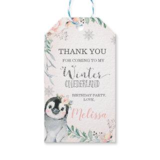 Floral Silver Penguin Winter Onederland Birthday Gift Tags