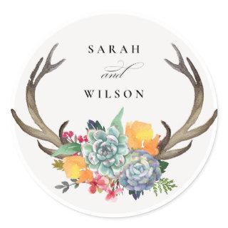 FLORAL SUCCULENT ANTLER BOHEMIAN ALLURE MONOGRAM CLASSIC ROUND STICKER