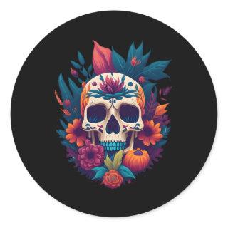 Floral Sugar Skull Flower Tulip Rose Halloween Cot Classic Round Sticker