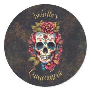 Floral Sugar Skull Quinceanera Birthday  Classic Round Sticker