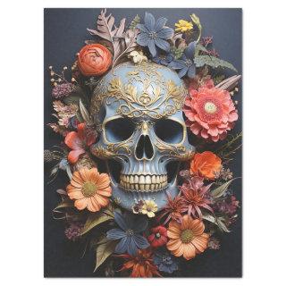 Floral Textrued Skull in Blue Decoupage Tissue Paper