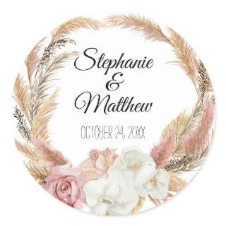 Floral Watercolor Blush Boho Pampas Palm Wedding Classic Round Sticker