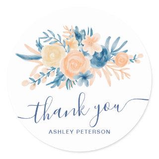 floral watercolor bouquet navy blue Thank you Classic Round Sticker