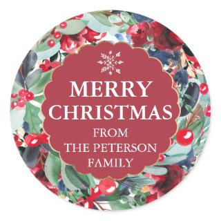 floral watercolor wreath gold red blue Christmas Classic Round Sticker
