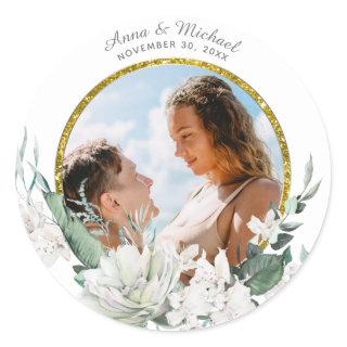 *~* Floral White Flowers Wedding PHOTO Classic Round Sticker