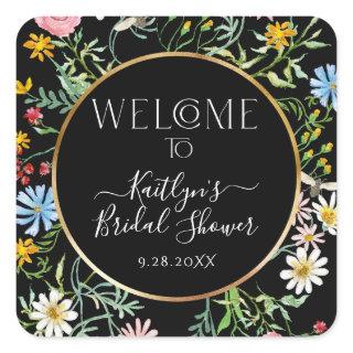 Floral Wildflower Boho Welcome Black Bridal Shower Square Sticker