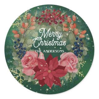 Floral winter watercolor wreath poinsettia roses  classic round sticker
