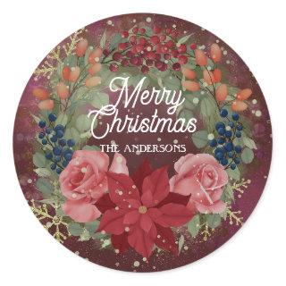 Floral winter watercolor wreath red poinsettia inv classic round sticker