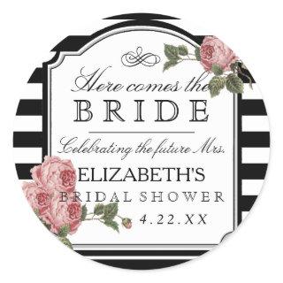 Floral With Stripes Bridal Shower Guest Favor Classic Round Sticker