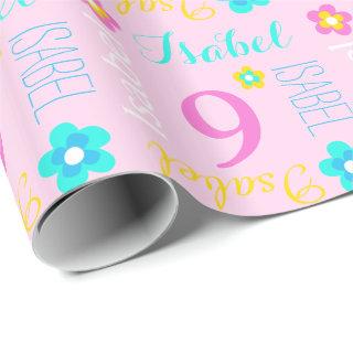 Flower custom name Isabel age 9 birthday wrap