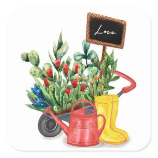 Flower love tulips watering can rubber boots square sticker