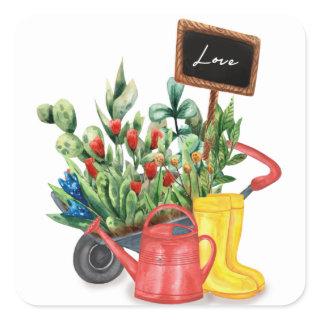 Flower love tulips watering can rubber boots square sticker