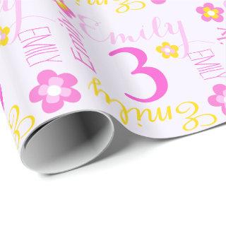 Flower personalized name age 3rd birthday wrap