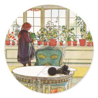Flowers on the Windowsill by Carl Larsson Classic Round Sticker
