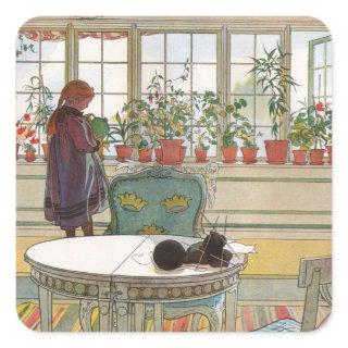 Flowers on the Windowsill by Carl Larsson Square Sticker