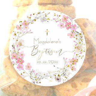 flowers wreath Baptism Classic Round Sticker