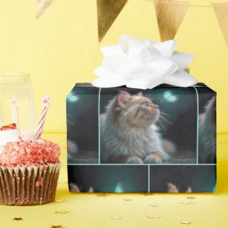 Fluffy Cat With Neon Butterfly