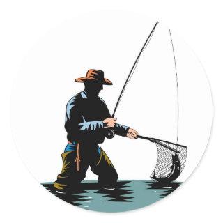 Fly fisherman casting reel with fishing lure bait classic round sticker