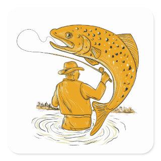 Fly Fisherman Reeling Trout Drawing Square Sticker