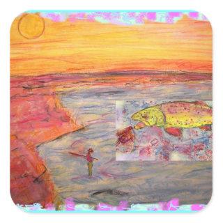 fly fishing sunset art square sticker