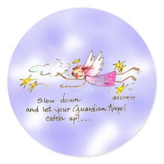 Flying angel in purple, gold stars says slow down  classic round sticker