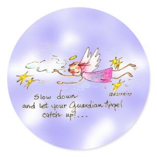 Flying angel in purple, gold stars says slow down  classic round sticker