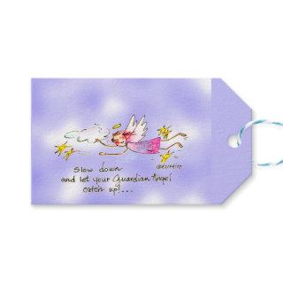 Flying angel in purple, gold stars says slow down  gift tags