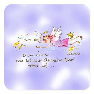 Flying angel in purple, gold stars says slow down  square sticker