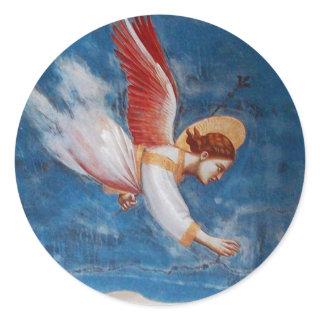 FLYING CHRISMAS ANGEL IN BLUE SKY, HOLIDAY PARTY CLASSIC ROUND STICKER