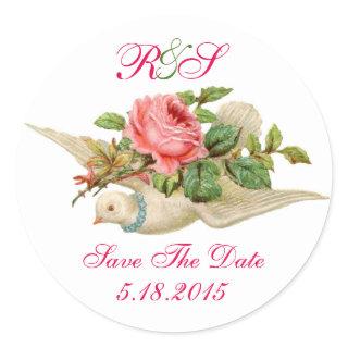 FLYING DOVE WITH PINK ROSE SAVE THE DATE MONOGRAM CLASSIC ROUND STICKER