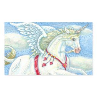 FLYING HEARTS WHITE UNICORN, FANTASY PEGASUS RECTANGULAR STICKER
